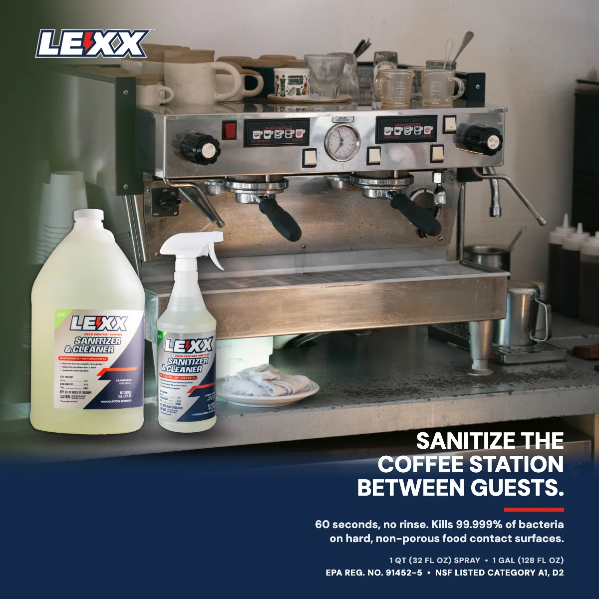 LEXX RTU Liquid Food Contact Surface Sanitizer & Cleaner gallon and quart beside a commercial espresso machine