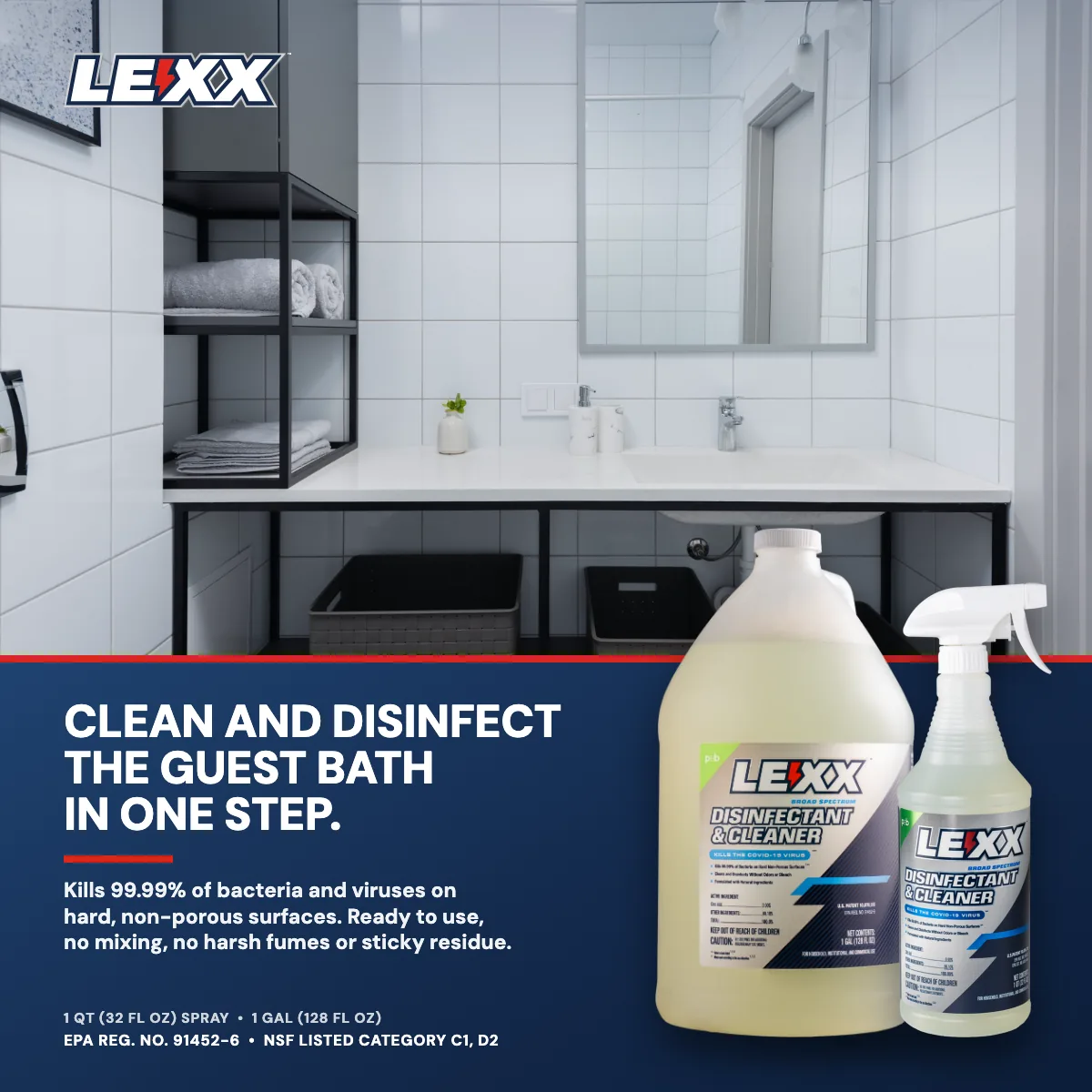 LEXX RTU Broad Spectrum Disinfectant & Cleaner gallon and quart on a marble hotel bathroom vanity