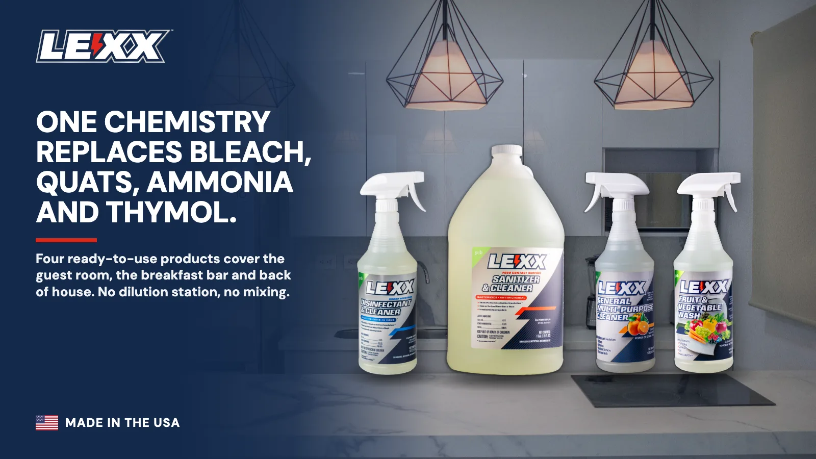 The four LEXX products for hotels on a kitchenette island: Disinfectant & Cleaner, Food Contact Surface Sanitizer & Cleaner, Multi-Purpose Cleaner and Fruit & Vegetable Wash